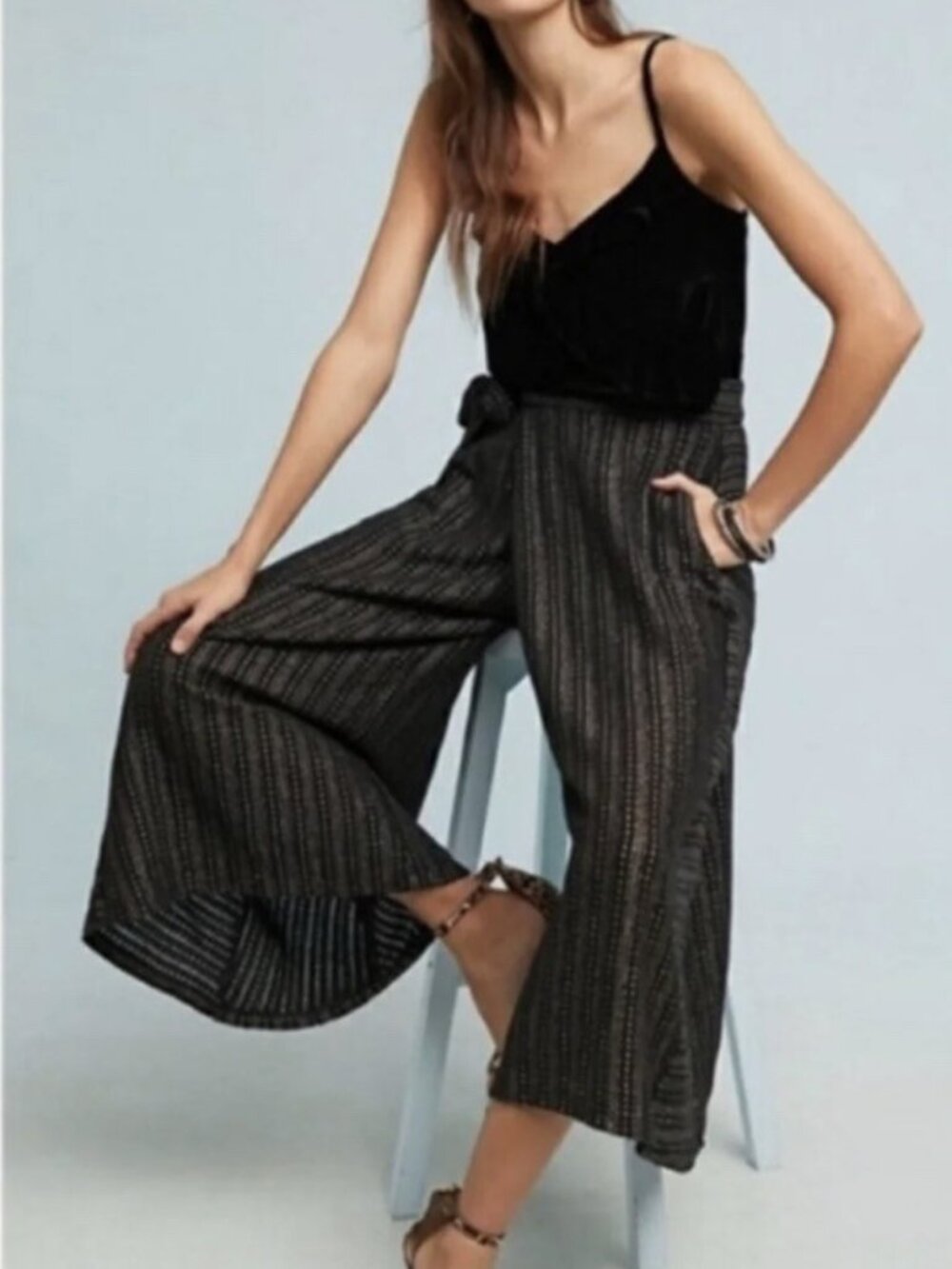 NEW size M EVA FRANCO Knit Striped Metallic Wide Leg Faux Wrap Black Pants